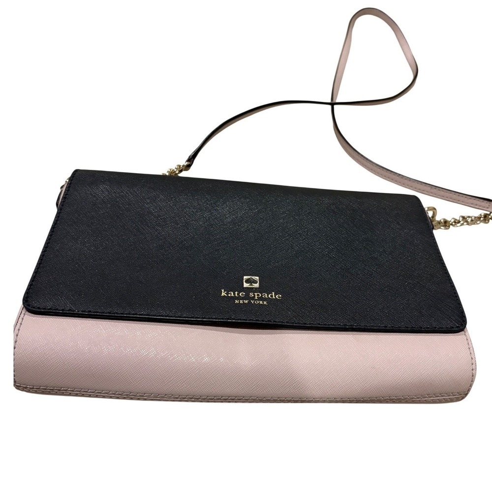 Kate Spade New York Leather Flap Crossbody Bag Black Pink Chain Strap - Picture 3 of 16